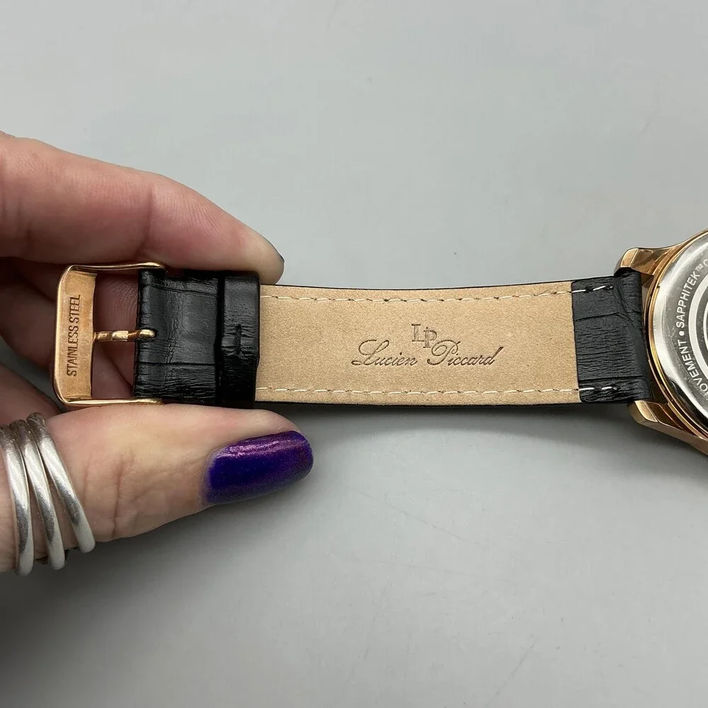 Lucien Piccard Mens Watch 42mm Black Dial Rose Gold Tone Date New Battery